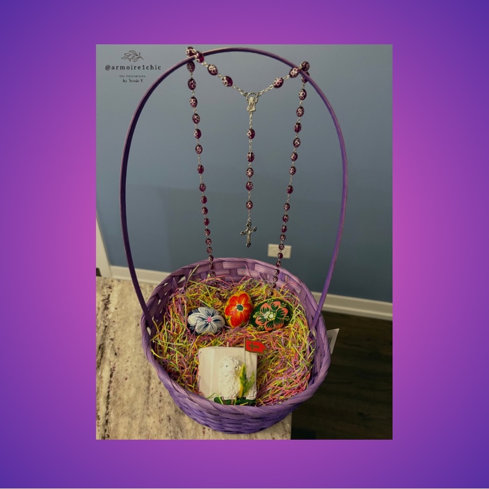 EASTER BASKET | With Rosary, Lamb Candle, and Hand-Painted Eggs | Polish Import